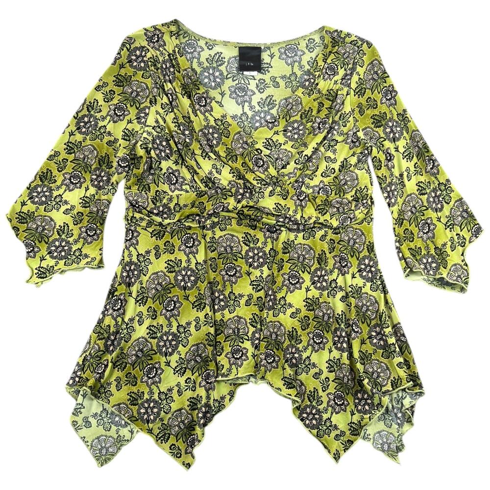 J.T.B. Y2K Chartreuse Floral Wrap Top Handkerchief Hem Boho Blouse - L